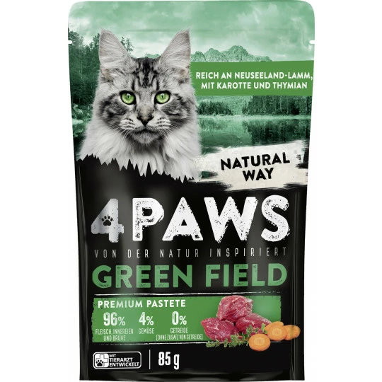 4 Paws Green Field Premium Pastete Neuseelandlamm, Karotte & Thymian 85G 1 4 Paws Green Field Premium Pastete Neuseelandlamm, Karotte & Thymian 85G
